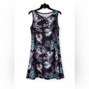 Tropical Print Sleeveless Dress | A-Line Swing Dress | Teal Navy Summer